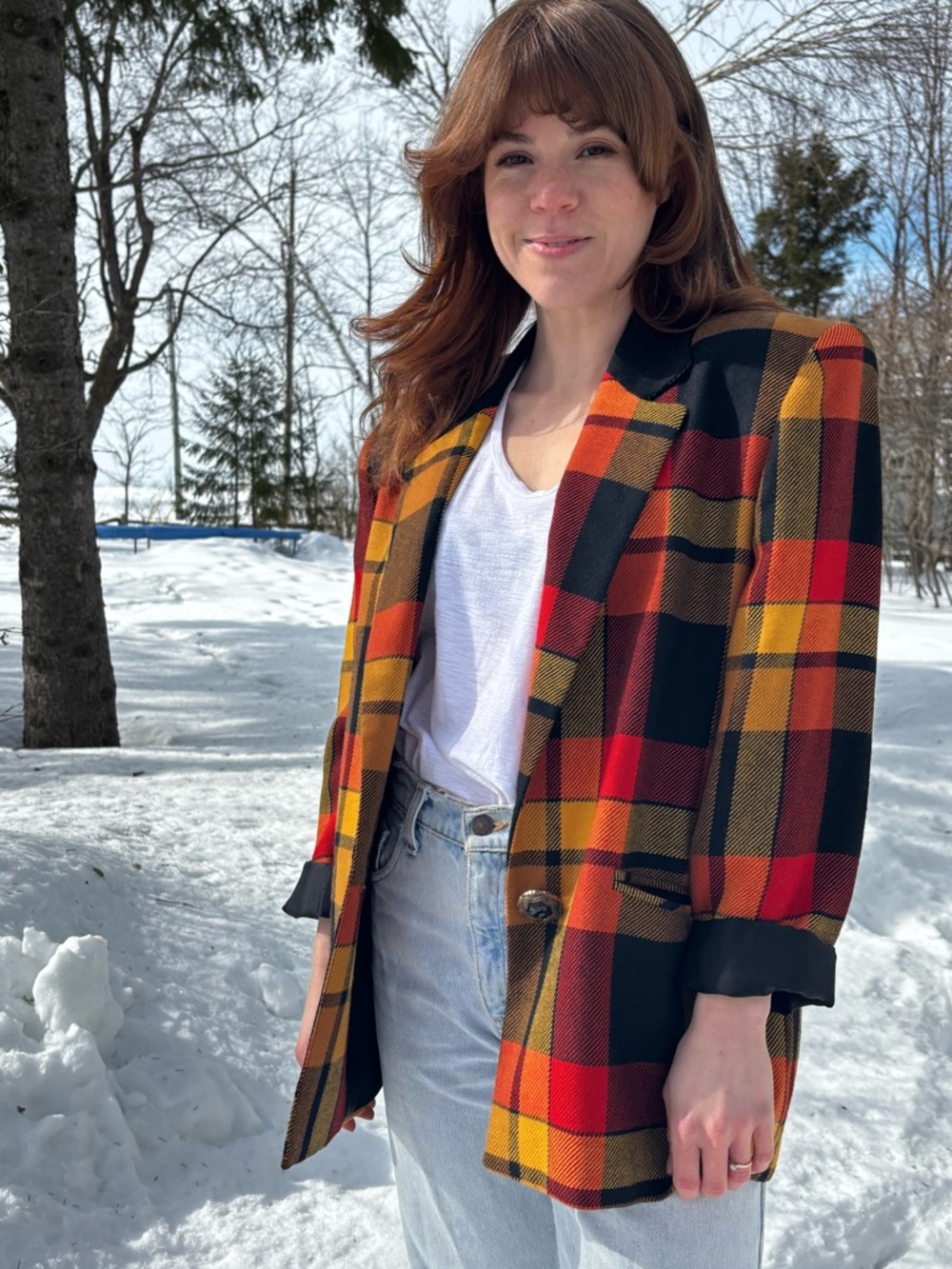 Women’s Red and Yellow Plaid Wool Blazer Paris Star